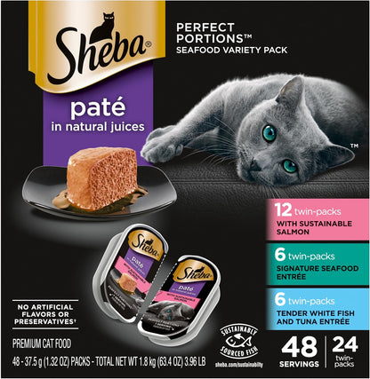 Sheba Perfect Portions Wet Cat Food Pate with Sustainable Salmon, Signature Seafood Entree, and Tender Whitefish and Tuna Entree Variety Pack, 2.6 Oz. Twin Pack Trays (24 Count, 48 Servings)