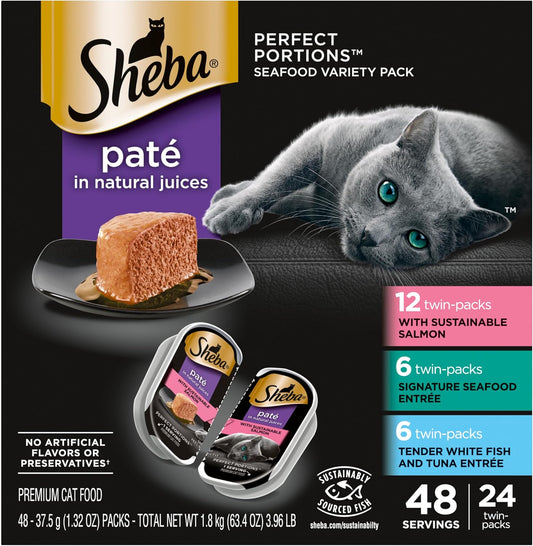 Sheba Perfect Portions Wet Cat Food Pate with Sustainable Salmon, Signature Seafood Entree, and Tender Whitefish and Tuna Entree Variety Pack, 2.6 Oz. Twin Pack Trays (24 Count, 48 Servings)