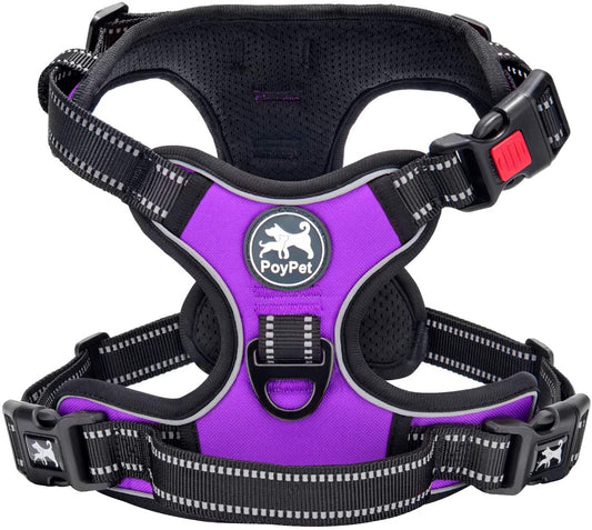 Poypet No Pull Dog Harness, No Choke Front Clip Dog Reflective Harness, Adjustable Soft Padded Pet Vest with Easy Control Handle for Small to Large Dogs(Purple,M)