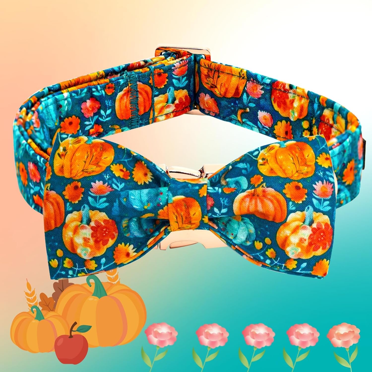 Fall Dog Collar, Halloween Pet Collars with Bow Cute Pumpkin Print Puppy Collar Female or Male Cotton Adjustable Collars for Small Medium Large Dogs