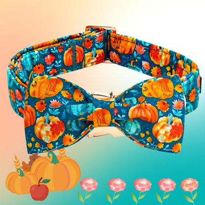 Fall Dog Collar, Halloween Pet Collars with Bow Cute Pumpkin Print Puppy Collar Female or Male Cotton Adjustable Collars for Small Medium Large Dogs