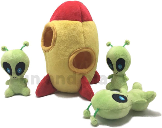 MODERN WAVE - Interactive Squeaky Plush Hide and Seek Squirrel Type Puzzle Toy for Dogs, Small Size (Spaceship and Aliens)