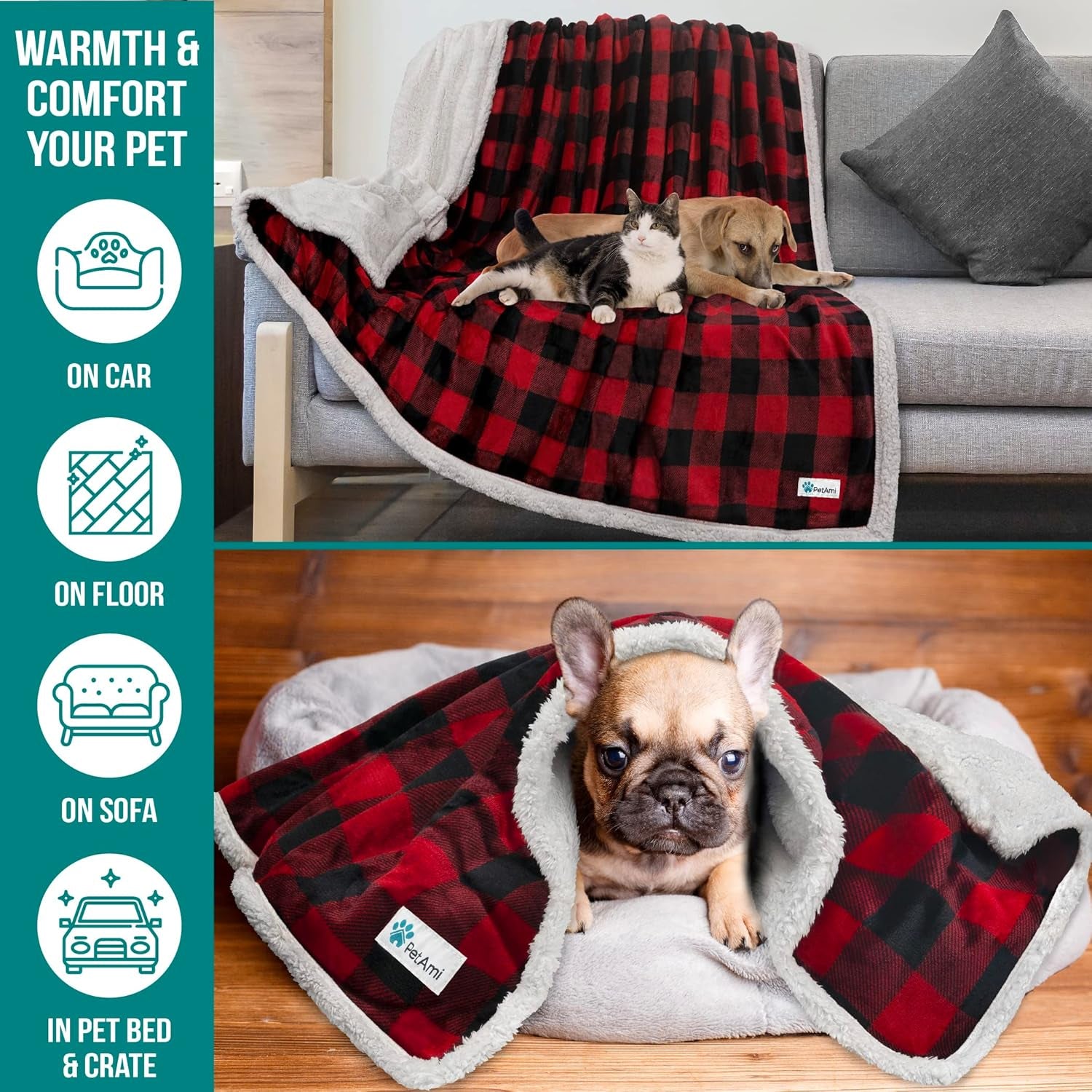 Petami Dog Blanket for Medium Large Dogs, Pet Bed Blanket Cat Puppy Kitten, Fleece Furniture Couch Cover Protector Sofa Car, Soft Sherpa Dog Throw Plush Reversible Washable, 40X60 Checker Red