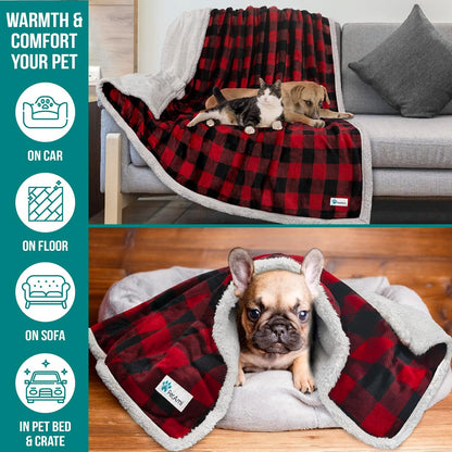 Petami Dog Blanket for Medium Large Dogs, Pet Bed Blanket Cat Puppy Kitten, Fleece Furniture Couch Cover Protector Sofa Car, Soft Sherpa Dog Throw Plush Reversible Washable, 40X60 Checker Red