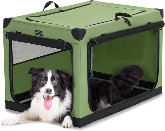 PETSFIT Soft Dog Crate, Dog Travel Crate - 36 Inch Lightweight, Easy Setup, Sturdy Portable Dog Crate, Adjustable Framework with 3 Mesh Door, Soft Sided Collapsible Dog Kennel Green