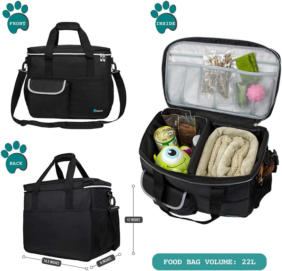 Petami Travel Bag Organizer - Dog & Cat Diaper Bag with Food Container, Bowls & Accessories for Weekend Camping