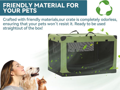 PETSFIT Soft Dog Crate, Dog Travel Crate - 36 Inch Lightweight, Easy Setup, Sturdy Portable Dog Crate, Adjustable Framework with 3 Mesh Door, Soft Sided Collapsible Dog Kennel Green