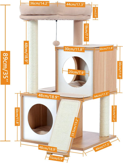 PAWZ Road Cat Tree 35 Inches Wooden Cat Tower with Double Condos, Spacious Perch, Fully Wrapped Scratching Sisal Posts and Replaceable Dangling Balls-Walnut