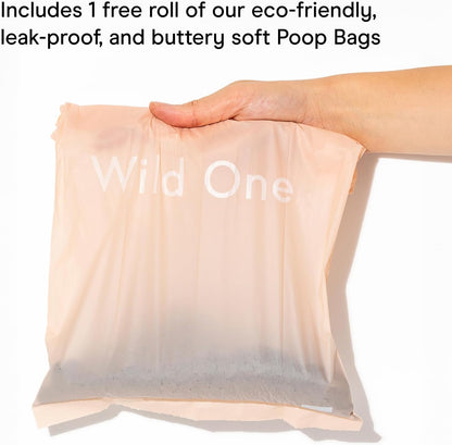 Wild One Dog Poop Bag Holder and Dispenser with Leash Attachment, Leak Proof, Easy Twist Top for Refills, Includes 1 Roll Bags, Blush