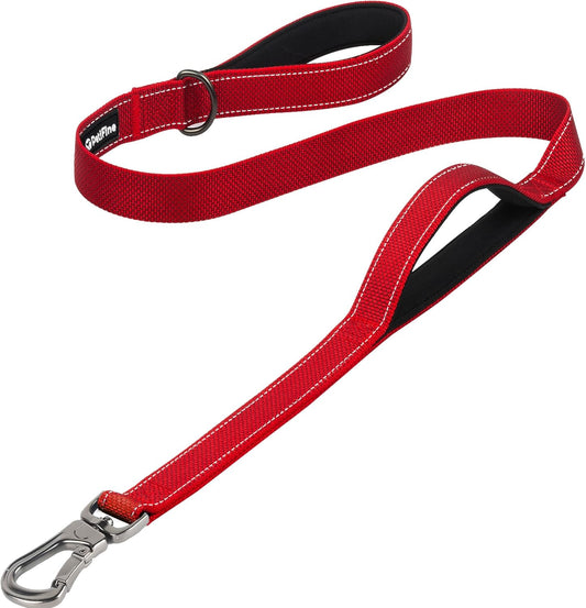 Petifine 4FT Heavy Duty Dog Leash with Soft Padded Double Handle, Durable Strong Clasp Dog Leashes, Reflective Nylon Walking Lead for Large,Medium,Small Breed Dogs, Red