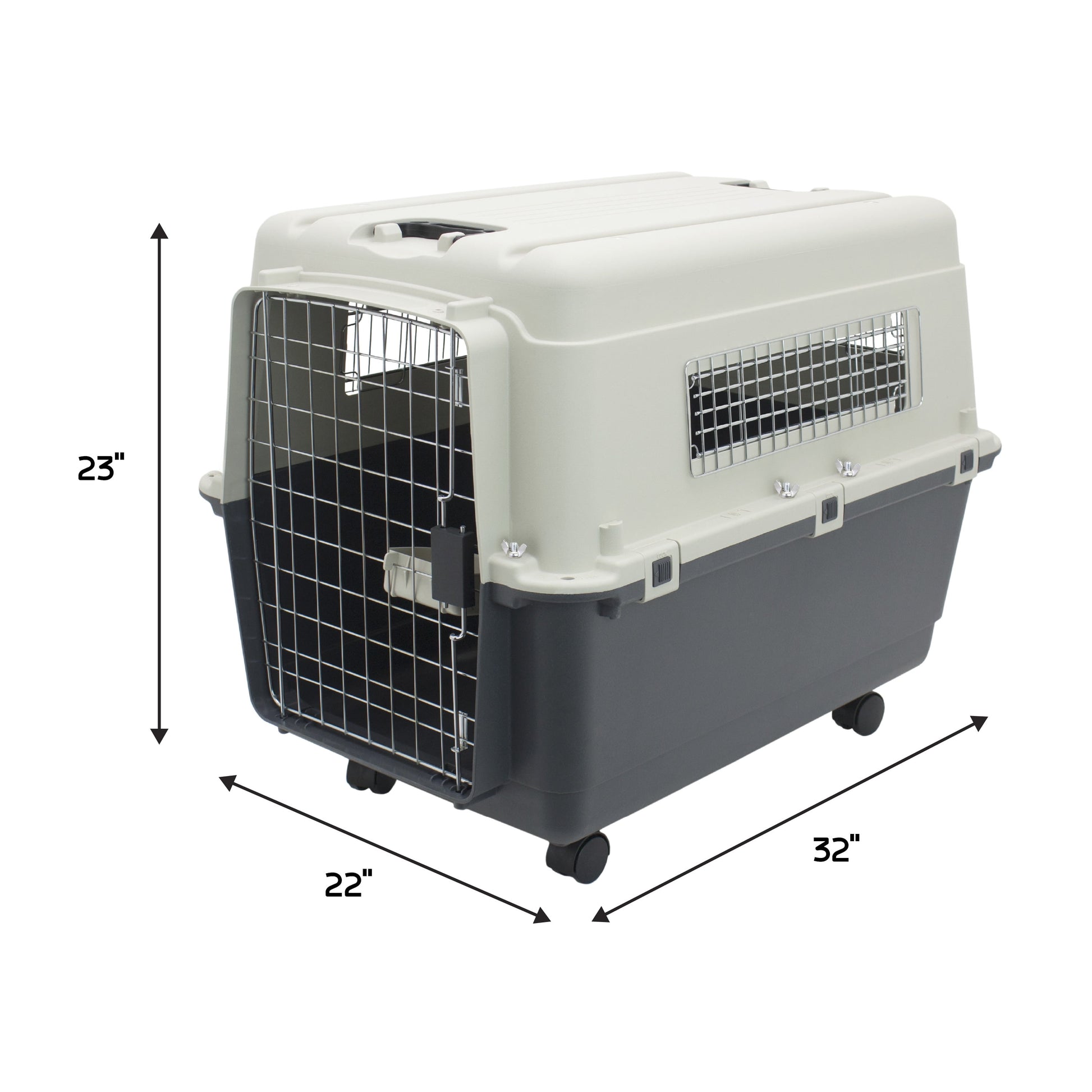 Plastic Kennel for Dogs, Wire Door, IATA Airline Approved, Travel Crate, with Wheels, Gray, Large, 32" L X 22" W X 23" H