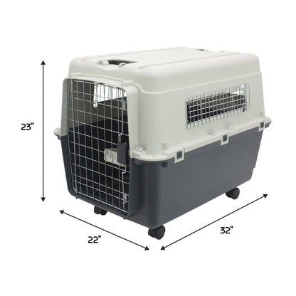 Plastic Kennel for Dogs, Wire Door, IATA Airline Approved, Travel Crate, with Wheels, Gray, Large, 32" L X 22" W X 23" H