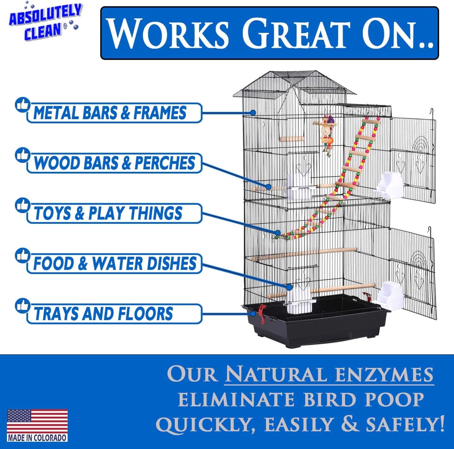Absolutely Clean Amazing Bird Cage Cleaner and Deodorizer - Just Spray/Wipe - Safely & Easily Removes Bird Messes Quickly and Easily - USA Made - Fragrance Free (4X Concentrate - 16Oz Makes 64Oz)
