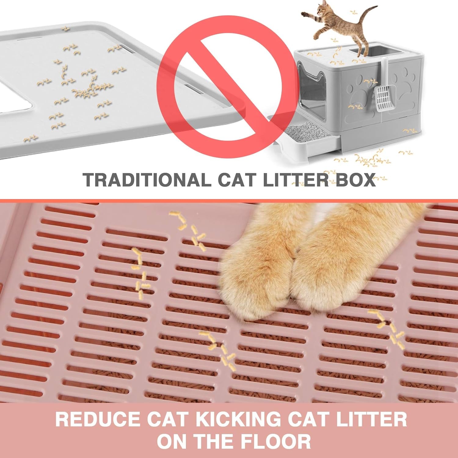 Enclosed Litter Box, Large, Foldable Top Entrance, Easy Clean, No Smell, Pink, Plastic, Cat Litter Box with Lid
