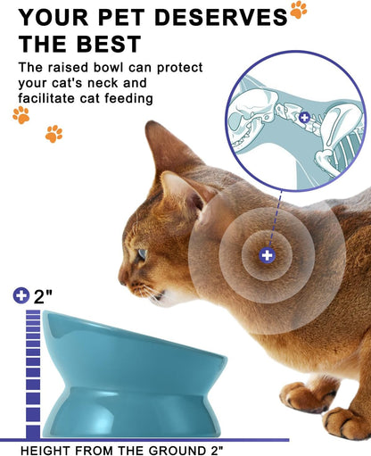 Y YHY Elevated Cat Food Bowl, Ceramic Raised Bowl, Tilt Angle Protects Cat'S Spine, anti Vomiting Dish, Backflow Prevention, Lake Blue
