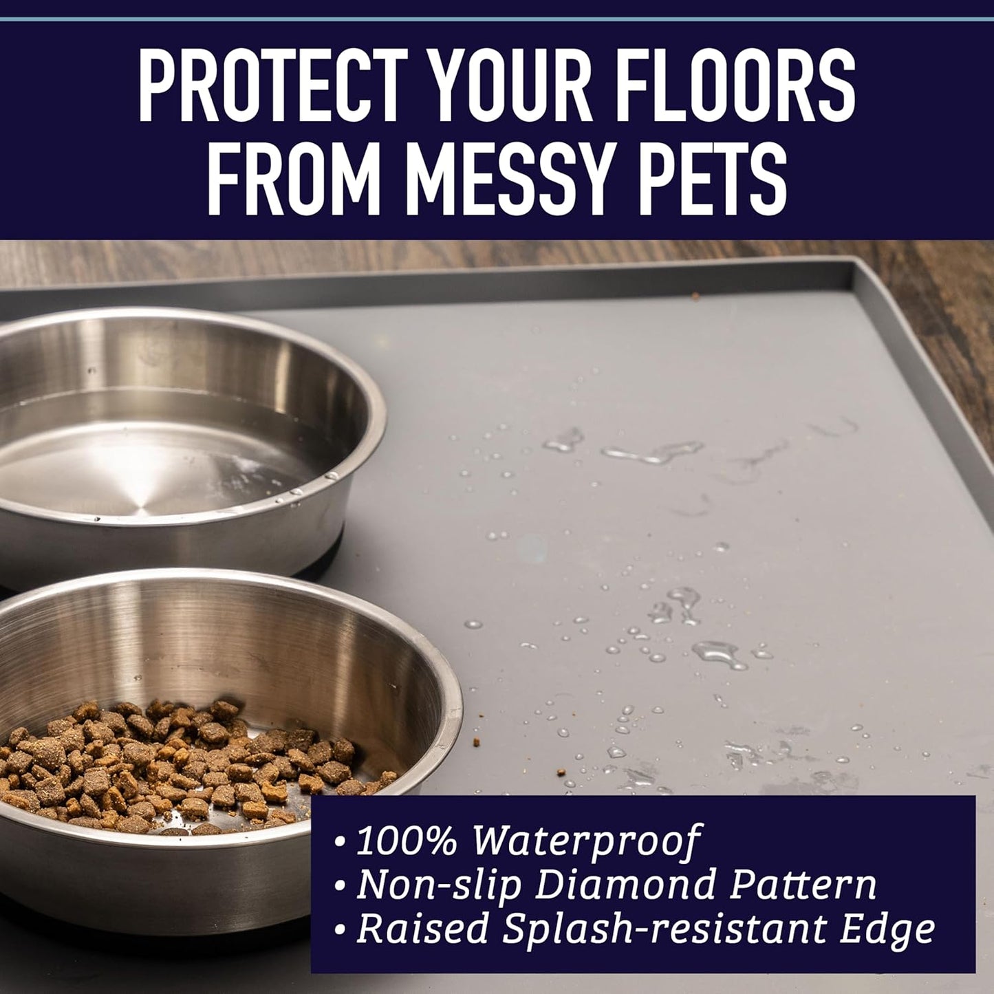 Leash Boss Silicone Dog Bowl Mat - XL 25" X 17", Gray - Tall Lip Waterproof & Non-Slip Floor Mat for Pet Food & Water Bowls