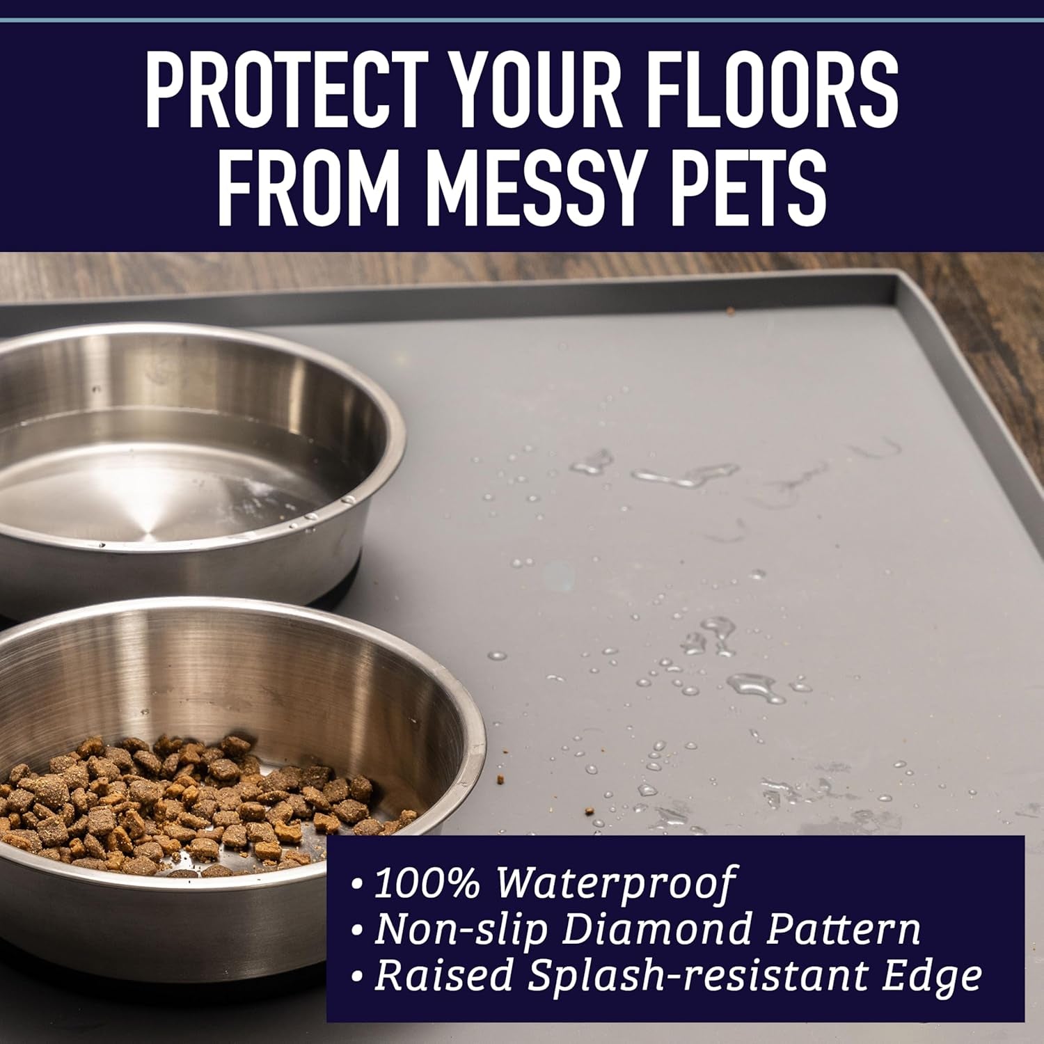 Leash Boss Silicone Dog Bowl Mat - XL 25" X 17", Gray - Tall Lip Waterproof & Non-Slip Floor Mat for Pet Food & Water Bowls