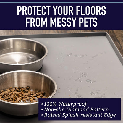 Leash Boss Silicone Dog Bowl Mat - XL 25" X 17", Gray - Tall Lip Waterproof & Non-Slip Floor Mat for Pet Food & Water Bowls