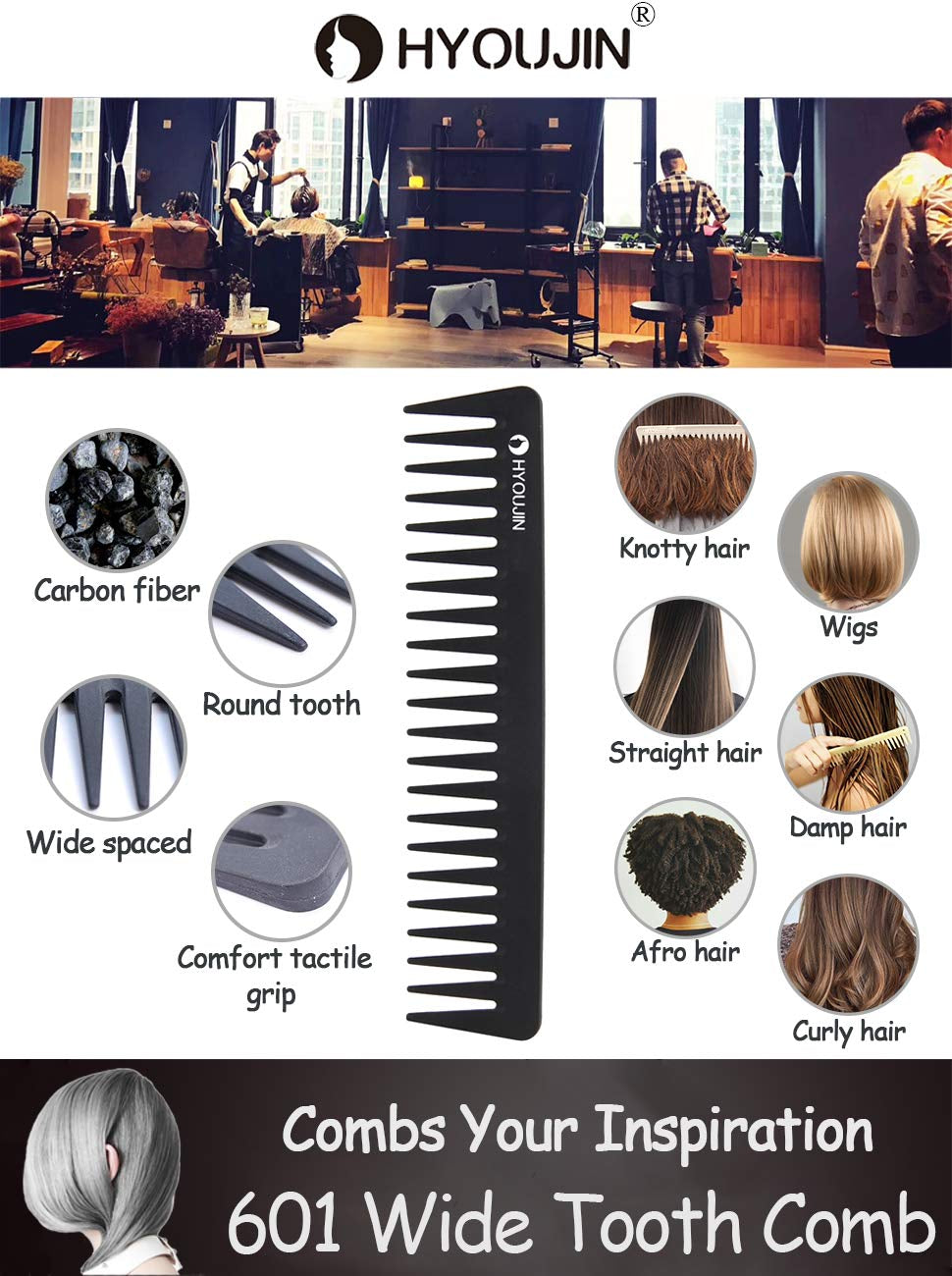 HYOUJIN 601 Black Carbon Wide Tooth Comb Detangling Comb Detangler Hair Comb for Long Wet Hair Hair Straighten Curly Hair 230℃ Heat Resistan