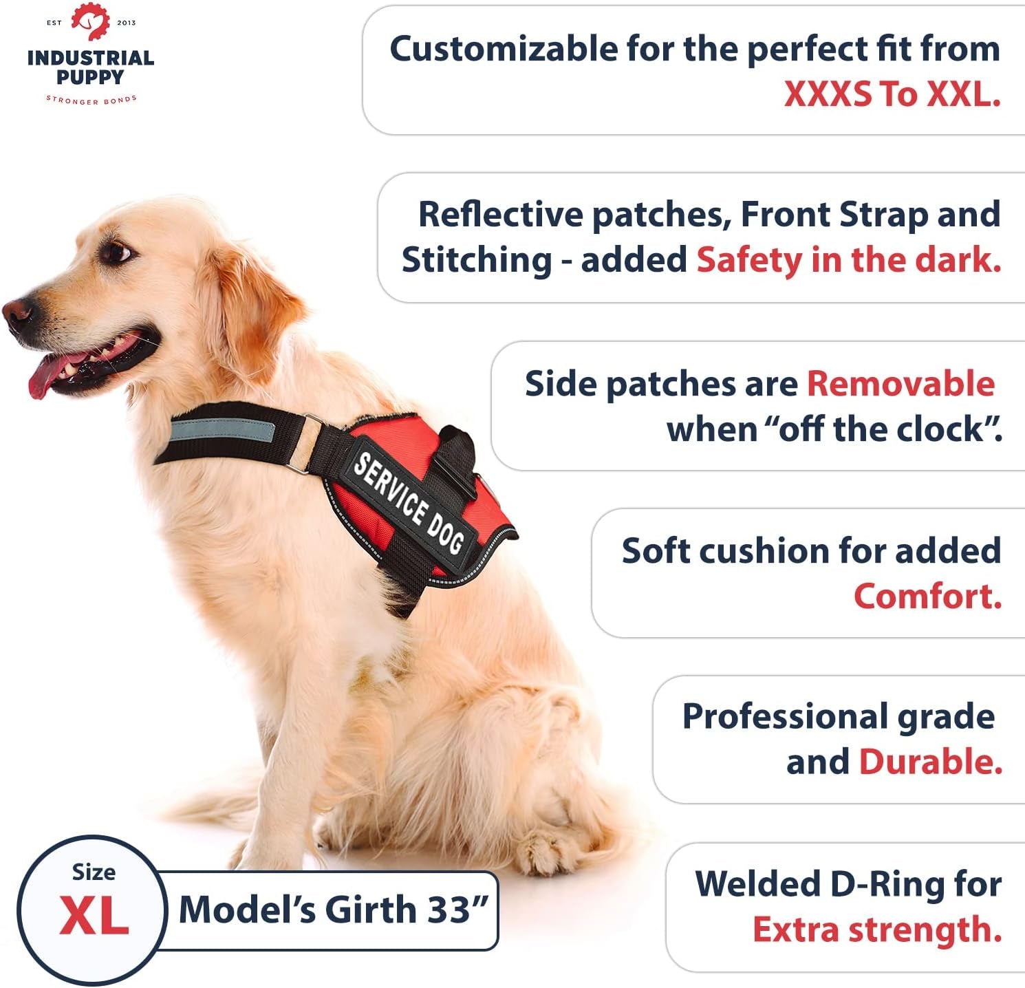 Industrial Puppy Service Dog Vest with Hook and Loop Straps and Matching Service Dog Leash Set - Harnesses from XXS to XXL - Harness Features Reflective Patch and Comfortable Mesh Design