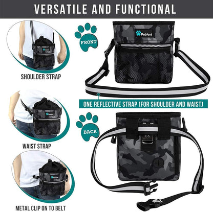 Petami Dog Treat Pouch, Pet Treat Pouch for Training, Dog Walking Bag Holder for Kibbles, Pet Food Toy, Dog Trainer Essentials Supplies, Poop Bag Dispenser, 3 Ways to Wear (Camo Black)