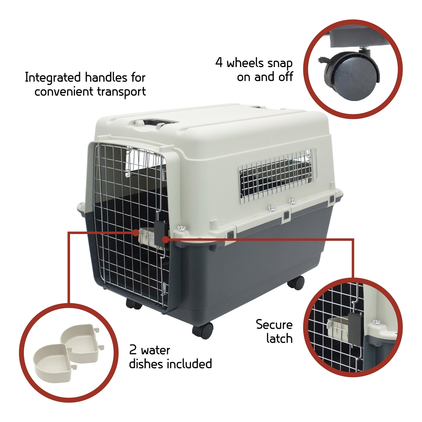 Plastic Kennel for Dogs, Wire Door, IATA Airline Approved, Travel Crate, with Wheels, Gray, Large, 32" L X 22" W X 23" H