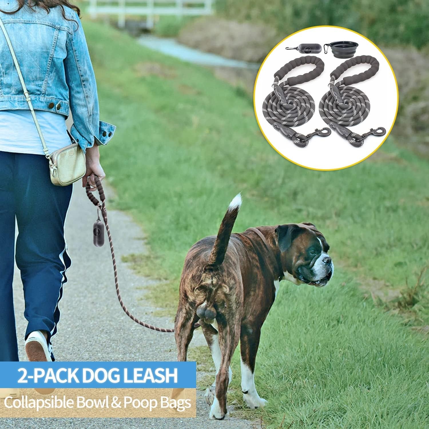 BAAPET 2 Packs 5/6 FT Dog Leash with Comfortable Padded Handle and Highly Reflective Threads Dog Leashes for Small Medium and Large Dogs (5FT-1/2'', Black+Black)