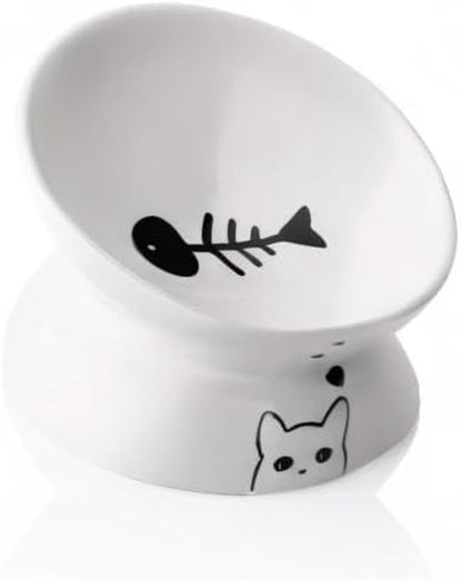 Sweejar Ceramic Raised Cat Bowls, Slanted Cat Dish Food or Water Bowls, Elevated Porcelain Pet Feeder Bowl Protect Cat'S Spine, Stress Free, Backflow Prevention (White)