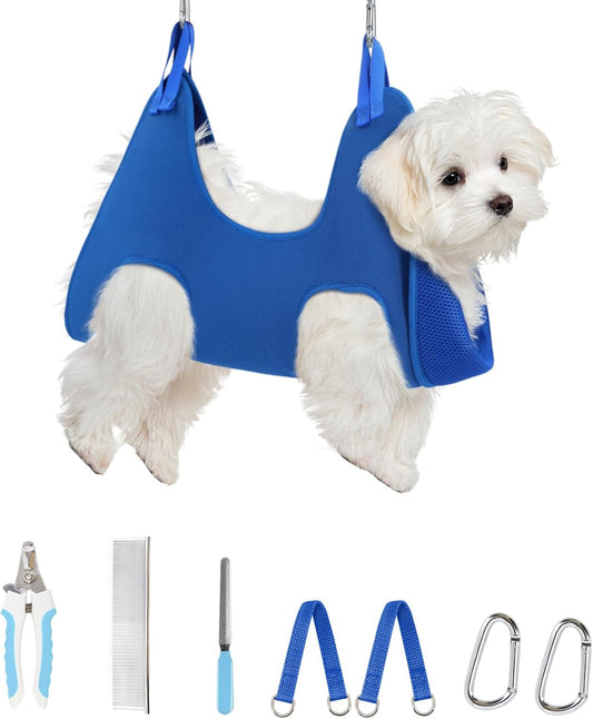 Dog Grooming Hammock Harness for Dogs Cats, Relaxation Pet Nail Clipper Hammock, Restraint Dog & Small Animal Leashes Sling for Groomingk for Nail Trimming (Blue, 2XS)
