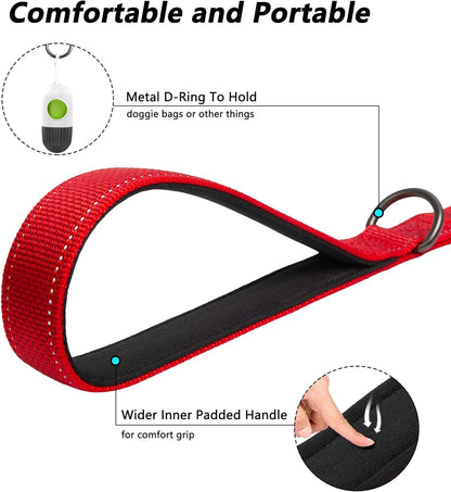 Petifine 4FT Heavy Duty Dog Leash with Soft Padded Double Handle, Durable Strong Clasp Dog Leashes, Reflective Nylon Walking Lead for Large,Medium,Small Breed Dogs, Red