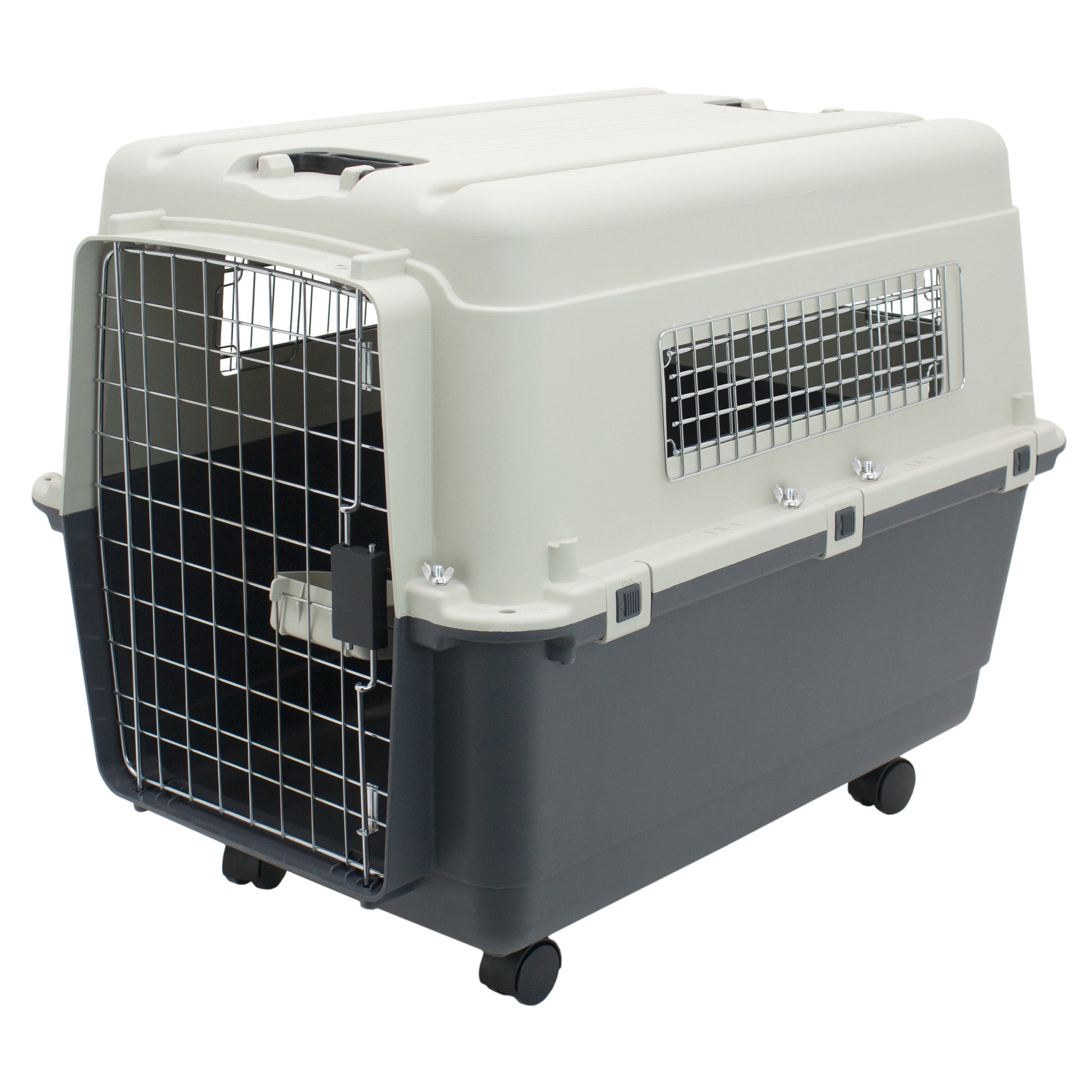 Plastic Kennel for Dogs, Wire Door, IATA Airline Approved, Travel Crate, with Wheels, Gray, Large, 32" L X 22" W X 23" H