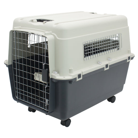 Plastic Kennel for Dogs, Wire Door, IATA Airline Approved, Travel Crate, with Wheels, Gray, Large, 32" L X 22" W X 23" H