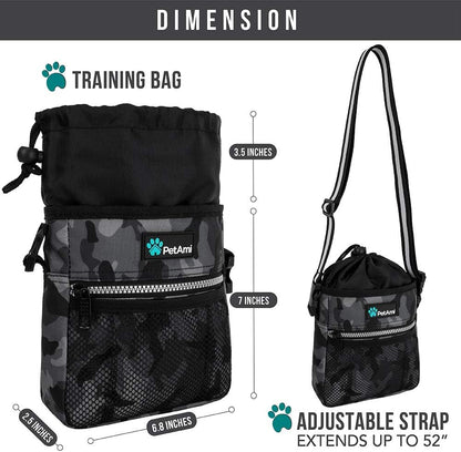 Petami Dog Treat Pouch, Pet Treat Pouch for Training, Dog Walking Bag Holder for Kibbles, Pet Food Toy, Dog Trainer Essentials Supplies, Poop Bag Dispenser, 3 Ways to Wear (Camo Black)