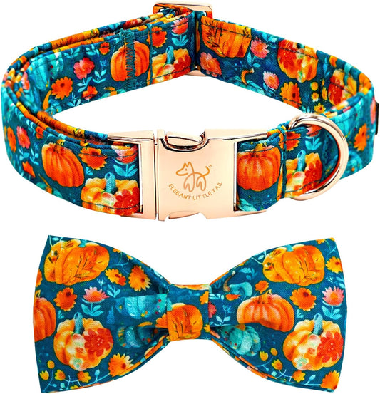 Fall Dog Collar, Halloween Pet Collars with Bow Cute Pumpkin Print Puppy Collar Female or Male Cotton Adjustable Collars for Small Medium Large Dogs