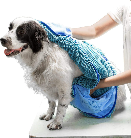 Tuff Pupper Quick Dry Towel for Dogs | Ultra Absorbent Microfiber Shammy | Extra Large 35X15 Size for All Breeds | Comfortable Hand Pockets | Indoor Outdoor Use | Durable Material | Machine Washable