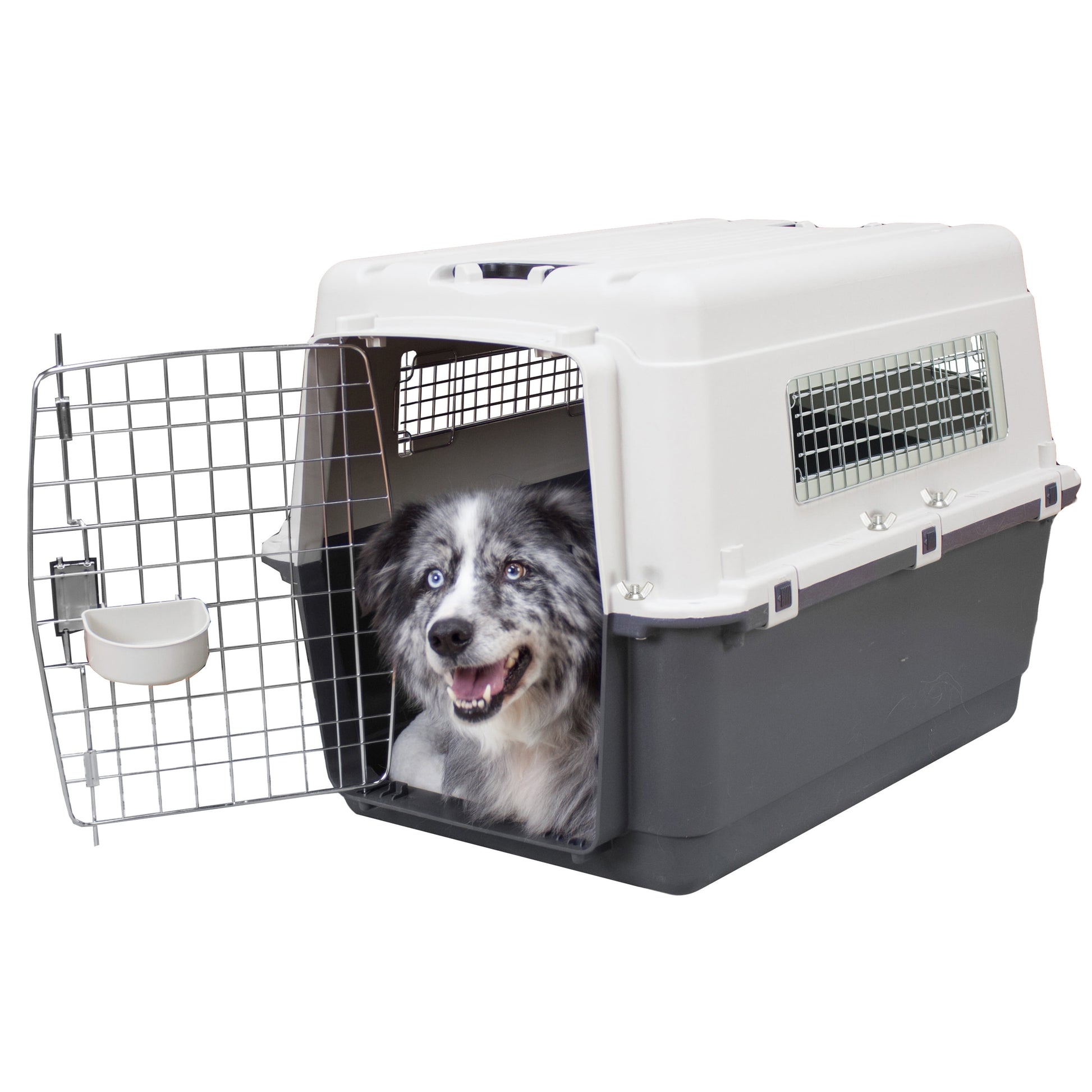 Plastic Kennel for Dogs, Wire Door, IATA Airline Approved, Travel Crate, with Wheels, Gray, Large, 32" L X 22" W X 23" H