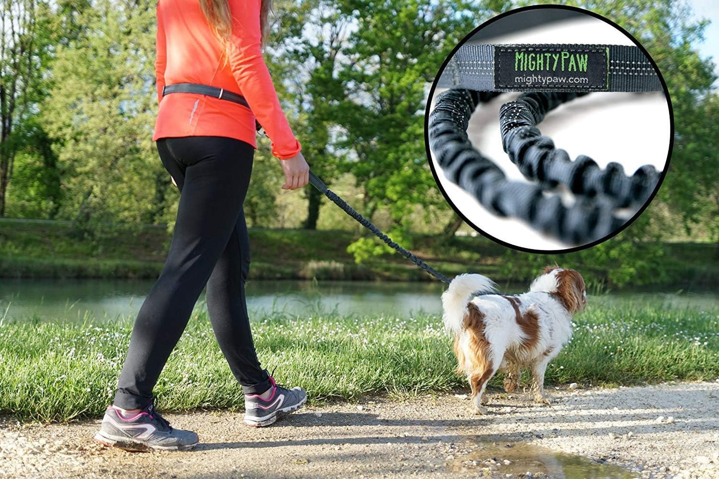 Mighty Paw Hands Free Dog Leash | Bungee Waist Leash for Dog Walking. Pet Running Hands Free Tether for Large, Medium & Small Breeds. Pet Waist Belt (36" - 48") up to 150 Lbs - Gray