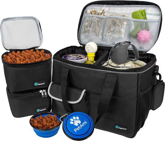 Petami Travel Bag Organizer - Dog & Cat Diaper Bag with Food Container, Bowls & Accessories for Weekend Camping