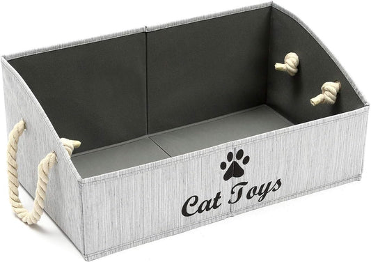 Geyecete Large Cat Toys Storage Bins - Foldable Fabric Trapezoid Organizer Boxes with Weave Rope Handle, Collapsible Basket for Shelves,Cat Toys,Cat Apparel & Accessories(Gray-Cat)
