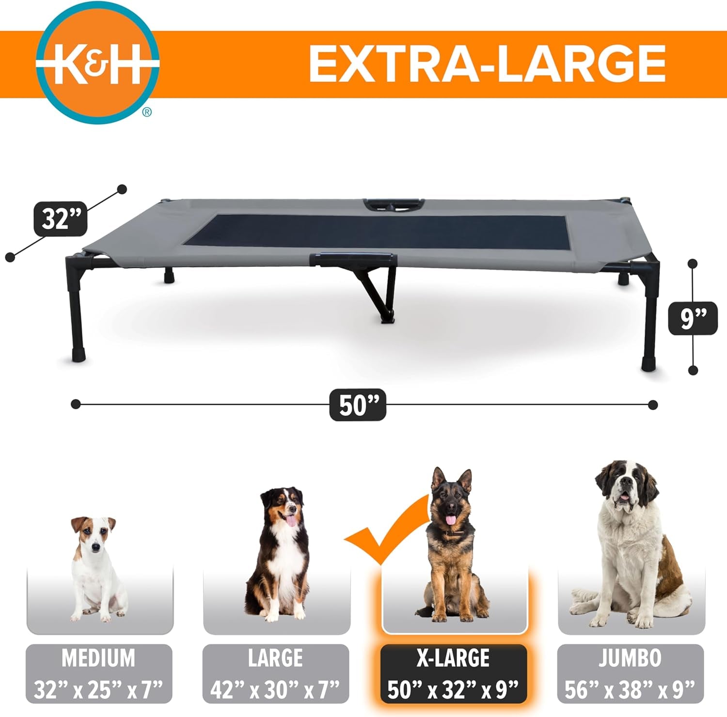 K&H Pet Products Outdoor Elevated Dog Cot, Breathable Cooling Elevated Cot Hammock Pet Bed for XL Dogs, Washable Mesh Cover, Raised Metal Frame, Collapsible, Portable - Extra-Large 50 X 32In Gray