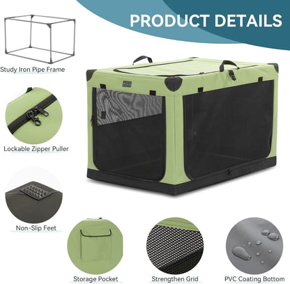 PETSFIT Soft Dog Crate, Dog Travel Crate - 36 Inch Lightweight, Easy Setup, Sturdy Portable Dog Crate, Adjustable Framework with 3 Mesh Door, Soft Sided Collapsible Dog Kennel Green