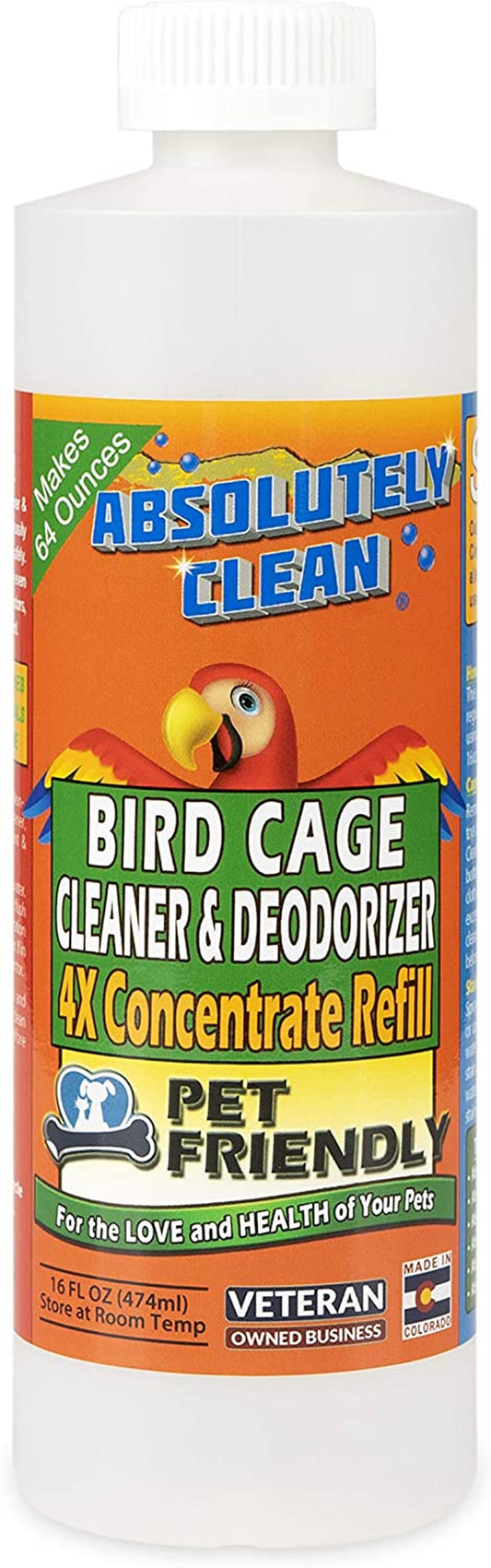 Absolutely Clean Amazing Bird Cage Cleaner and Deodorizer - Just Spray/Wipe - Safely & Easily Removes Bird Messes Quickly and Easily - USA Made - Fragrance Free (4X Concentrate - 16Oz Makes 64Oz)