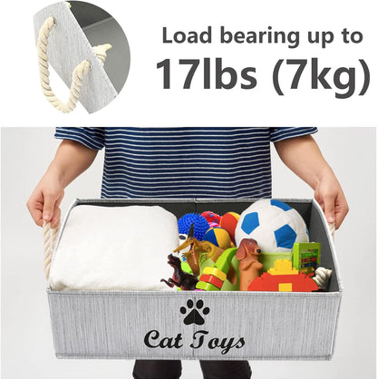 Geyecete Large Cat Toys Storage Bins - Foldable Fabric Trapezoid Organizer Boxes with Weave Rope Handle, Collapsible Basket for Shelves,Cat Toys,Cat Apparel & Accessories(Gray-Cat)