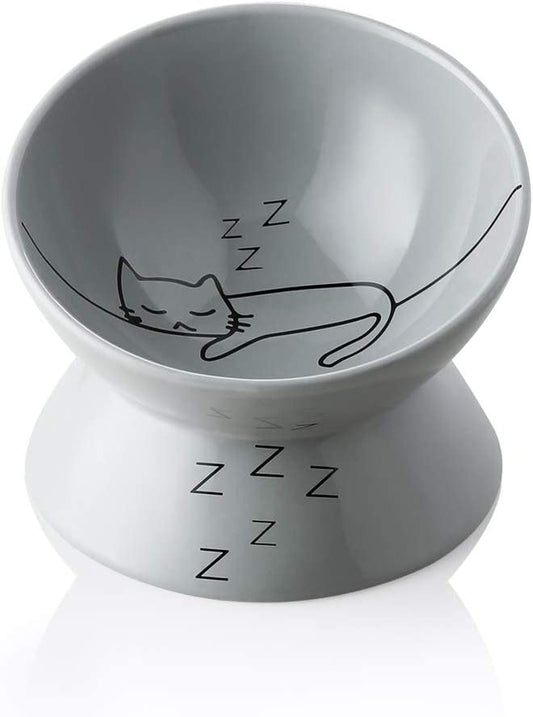 Sweejar Ceramic Raised Cat Bowls, Slanted Cat Dish Food or Water Bowls, Elevated Porcelain Pet Feeder Bowl Protect Cat'S Spine, Stress Free, Backflow Prevention(Grey)