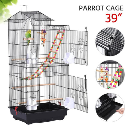 Yaheetech 39-Inch Roof Top Large Flight Parrot Bird Cage for Small Quaker Parrot Cockatiel Sun Parakeet Green Cheek Conure Budgie Finch Lovebird Canary Pet Bird Cage W/Toys